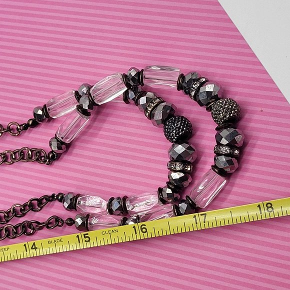 INC Intl Concepts Metal Necklace Gunmetal Silver Clear Rhinestone Faceted Beads - Picture 8 of 9